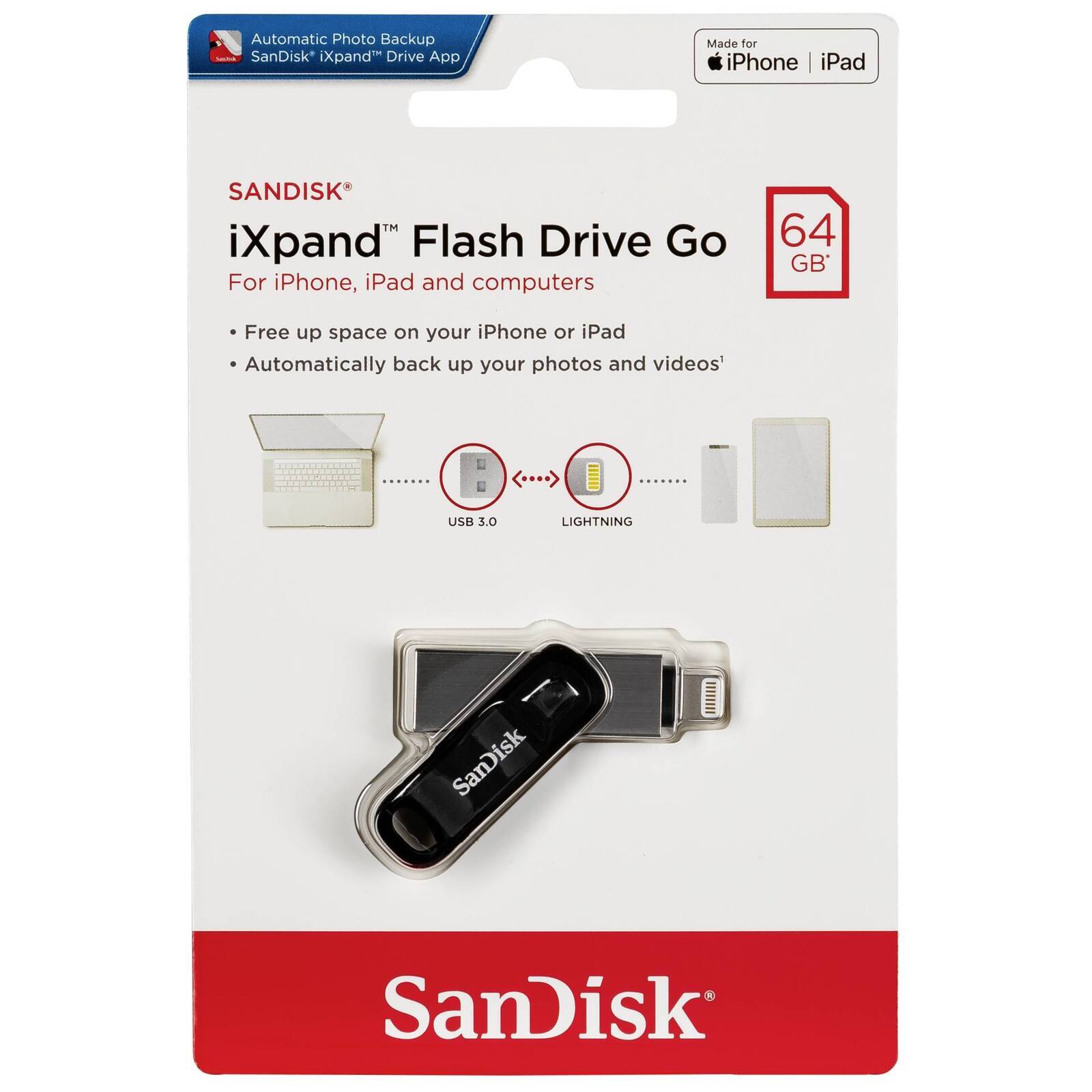 SanDisk 64GB iXpand USB3.0 Flash Drive Go with Lightning Connector