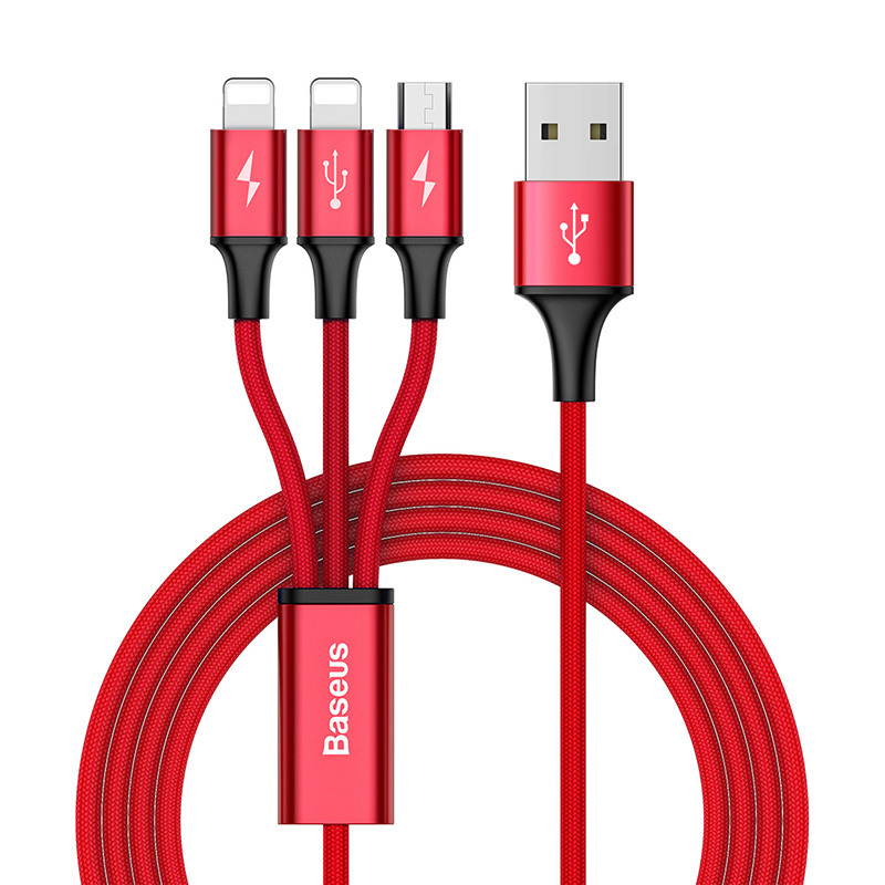 Phone Cable Baseus Rapid Series 3-in-1 Cable Micro Dual Lightning 3A 1.2M Red