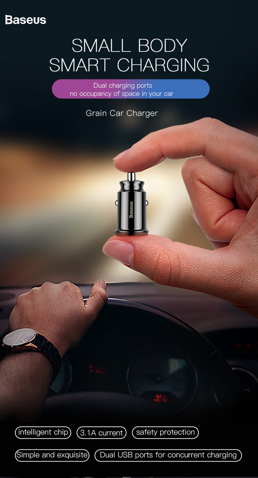 Universal Car Charger Baseus Grain Mini Dual USB Cigarette Lighter Black 3.5A