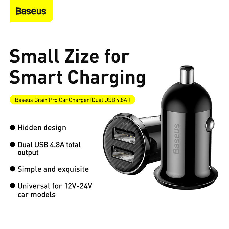 Universal Car Charger Baseus Grain Pro Mini Dual USB Cigarette Lighter Black