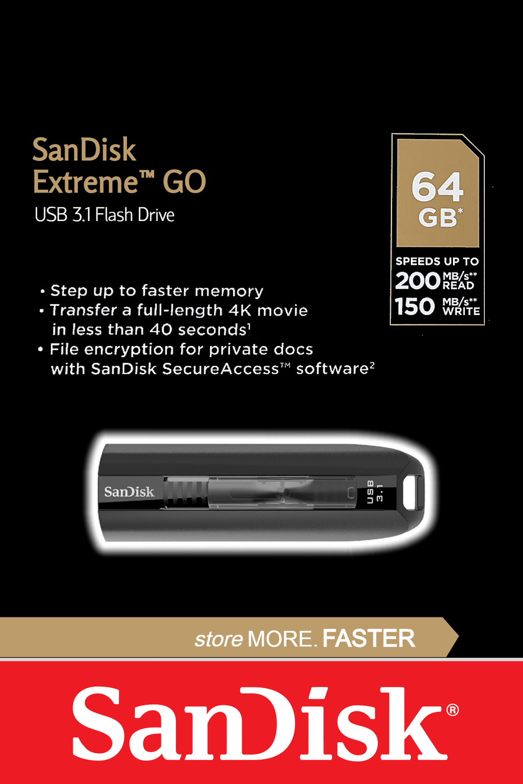 SanDisk Extreme GO 64GB 3.1 Flash Drive Memory Stick CZ800-064G