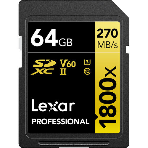 SD Card Lexar Professional 1800x 64GB SDXC UHS-II V60 U3 270MB/s DSLR Cameras