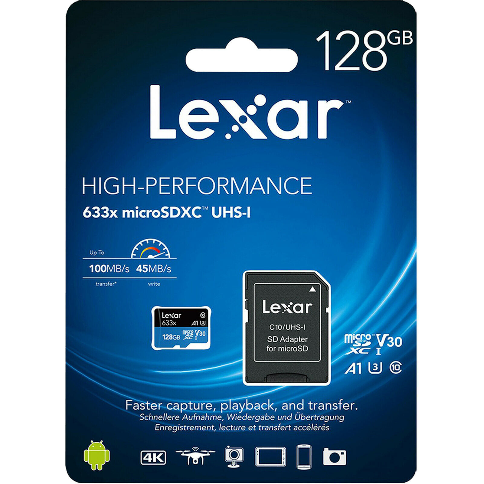 Scheda Lexar 633x 128GB MicroSDXC – UHS-I Classe 10, Fino A 95 MB/s, Per Video 4K E Full HD, Con Adattatore SD