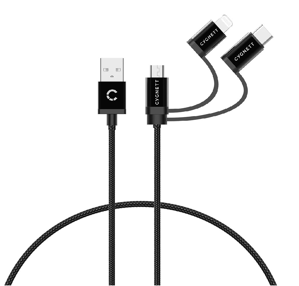 Cygnett 3-in-1 (USB-A to Lightning + USB-C + Micro-USB) Cable (1M)-Black (CY3571COCAB),Samsung Galaxy,Apple iPhone,iPad,MacBook,Google,OPPO,2 Yr. WTY.
