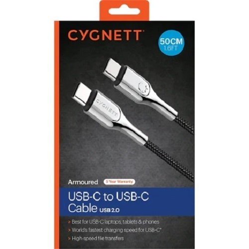 Cygnett Armoured USB-C to USB-C (2.0) Cable (50cm) -Black(CY4362PCTYC), Samsung Galaxy,Apple iPhone,iPad,MacBook,Google,OPPO,Nokia,Laptop,5 Yr. WTY.