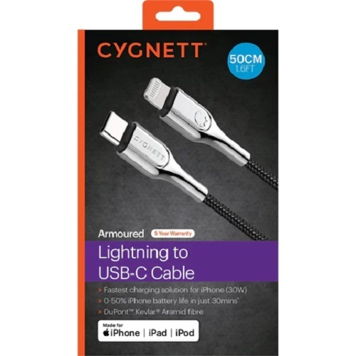 Cygnett Armoured Lightning to USB-C Cable (50cm) - Black (CY4363PCCCL), 30W,Braided,20K Bend,Fast Charge,Durable,Apple iPhone/iPad/MacBook, 5 Yr. WTY.