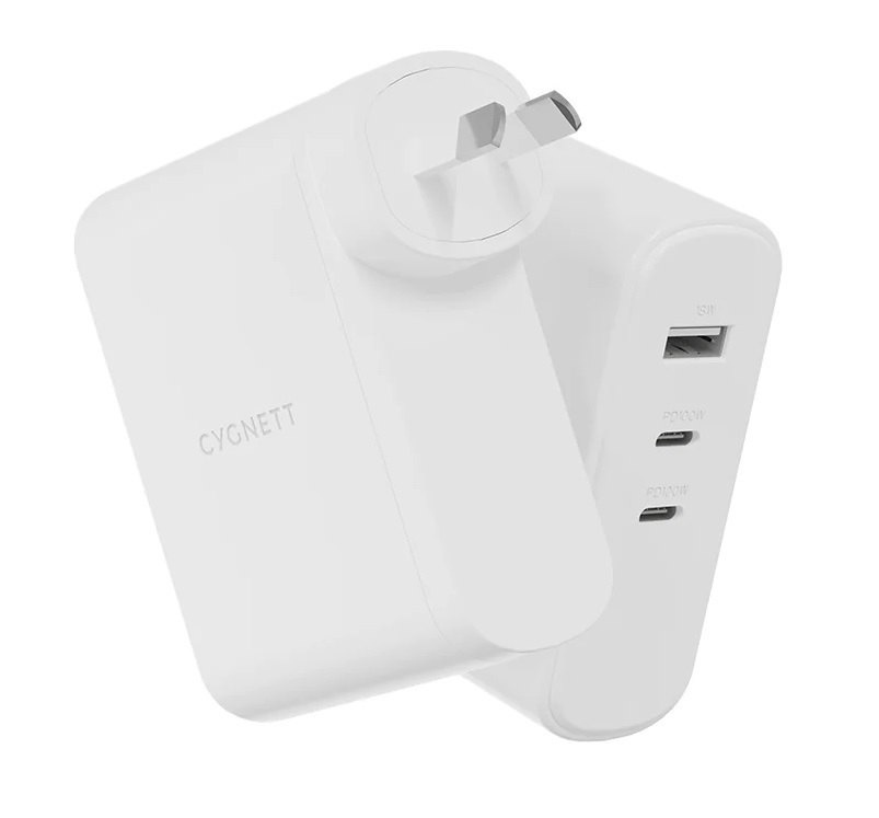 Cygnett PowerMaxx 100W Multiport GaN Wall Charger - White (CY4373PDWCH), 1xUSB-A (18W),2xUSB-C PD (100W), Intelligent Laptop Charger, Charge 3 Devices