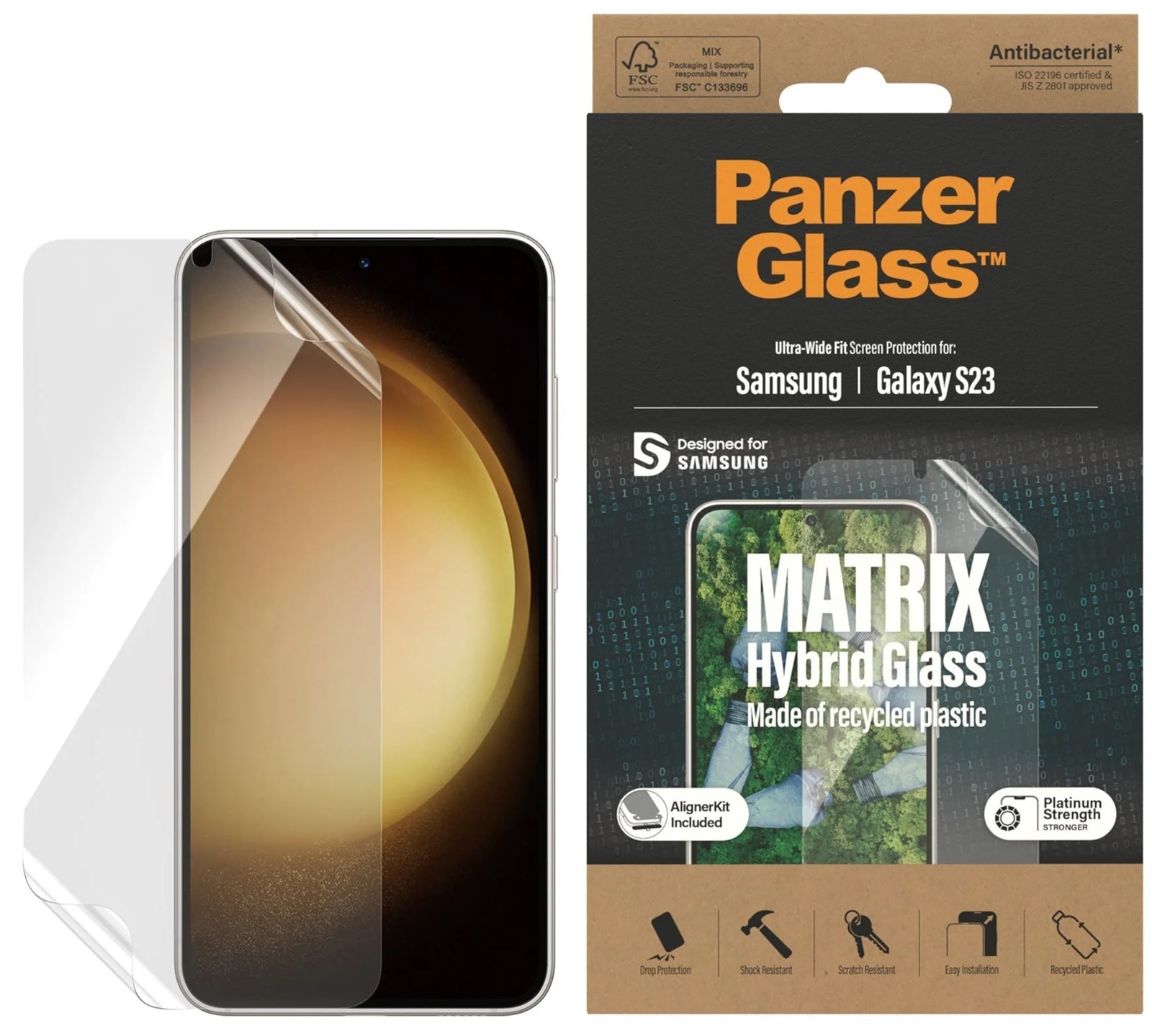 PanzerGlass Samsung Galaxy S23 5G (6.1') Matrix Hybrid Screen Protector Ultra-Wide Fit - (7318), AntiBacterial, Drop Protection, Include EasyAligner