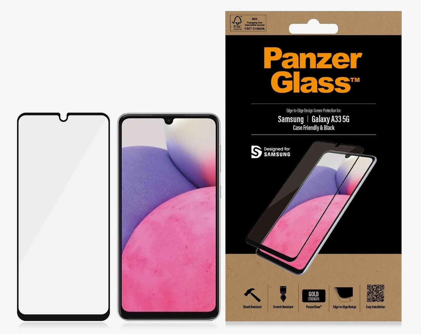 PanzerGlass Samsung Galaxy A33 5G (6.4') Screen Protector - Black (7291), Edge-to-Edge, Scratch Resistant, Shock Resistant, Case-Friendly, 100% Touch