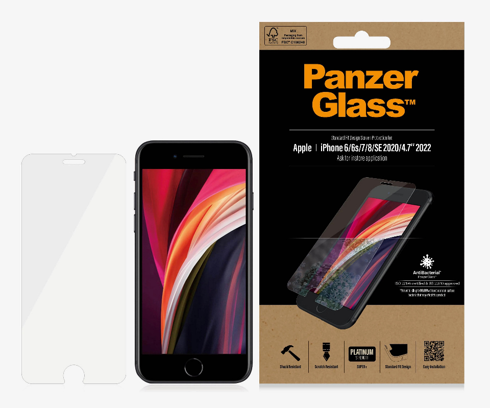 PanzerGlass Apple iPhone SE (3rd & 2nd Gen) and iPhone 8/7/6s/6 Screen Protector - Clear (2684), AntiBacterial, Scratch Resistant, Standard Fit