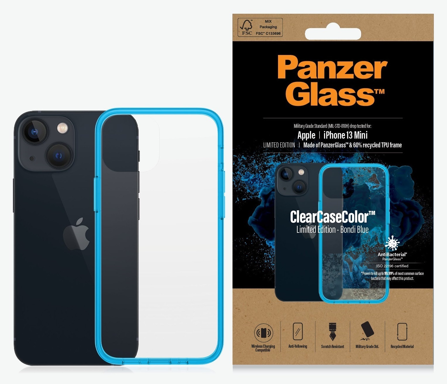 PanzerGlass Apple iPhone 13 Mini ClearCase - Bondi Blue Limited Edition (0326), AntiBacterial, Military Grade Standard, Scratch Resistant