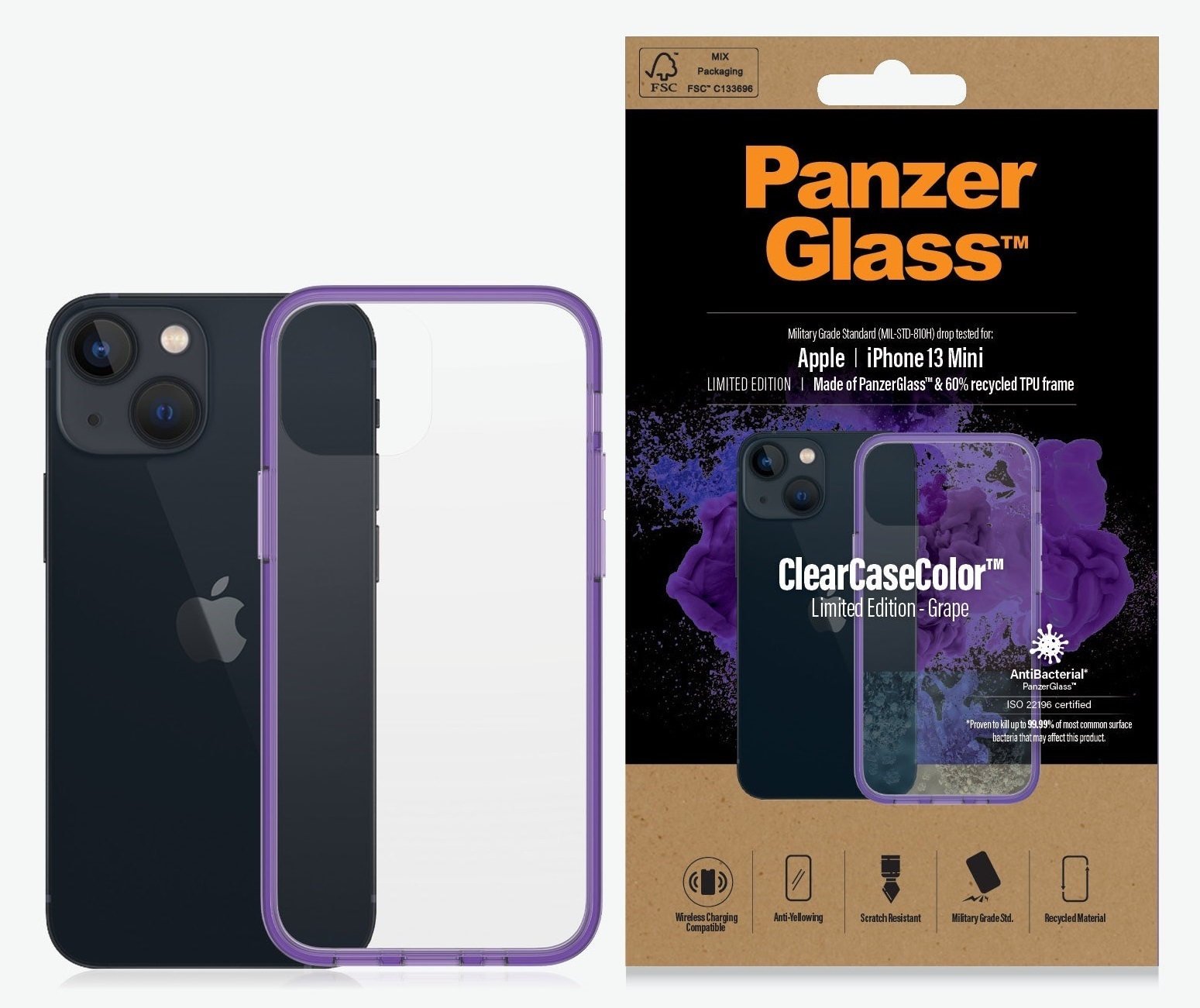 PanzerGlass Apple iPhone 13 Mini ClearCase - Grape Limited Edition (0327), AntiBacterial, Military Grade Standard, Scratch Resistant, Anti-Yellowing