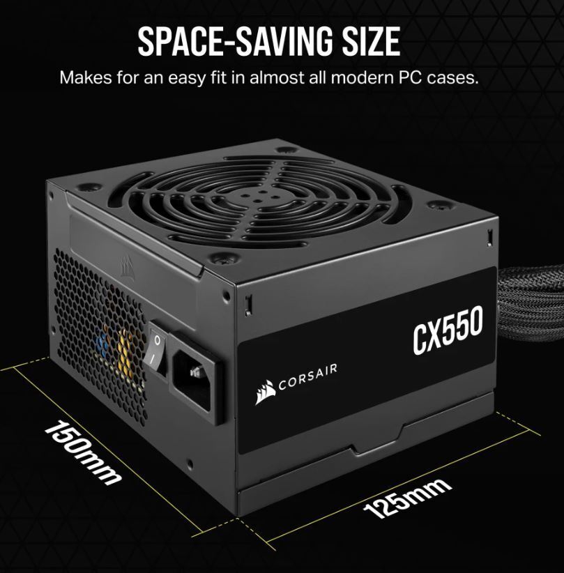 Corsair 550W CX Series, 80 PLUS Bronze Certified, Up to 88% Efficiency,  Compact 125mm design easy fit and airflow, ATX PSU 2023