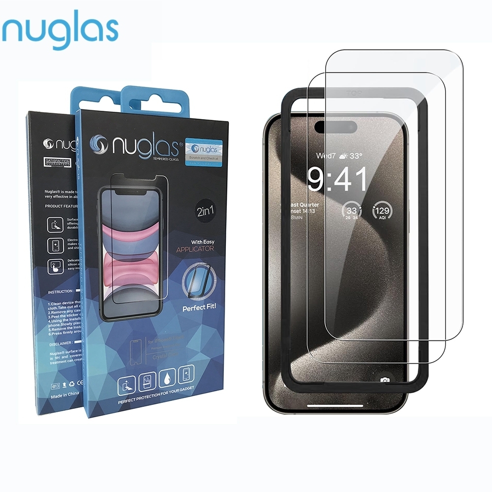 2x Screen Protectors Nuglas Tempered Glass With Applicator For iPhone 15 Pro