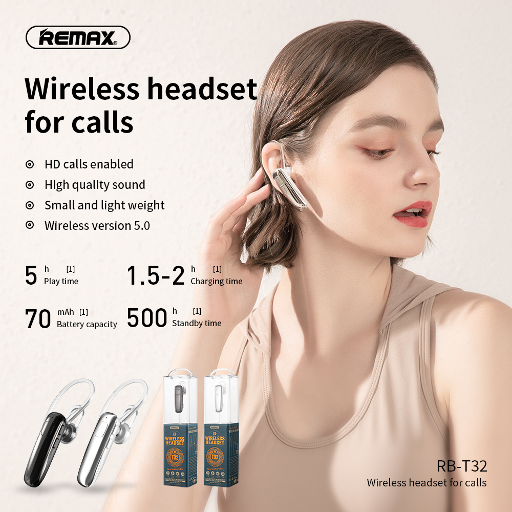 Wireless Headset REMAX T32 For HD Calls Light Weight High Quality Sound Black