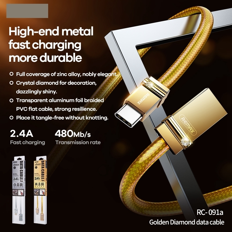 Phone cable Remax Type C gold diamond high-end metal design for Samsung Huawei