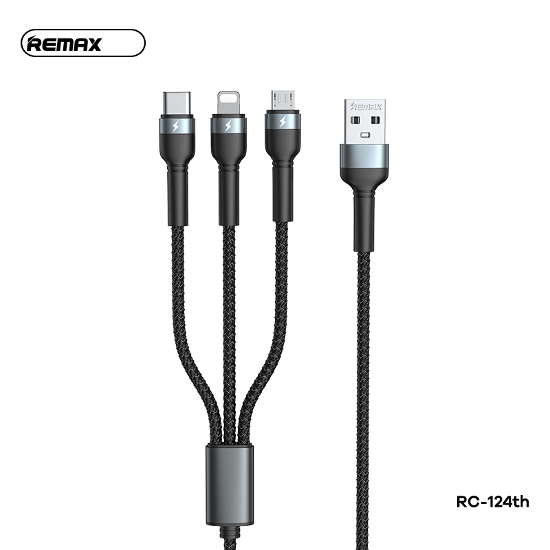 3 in 1 Multi USB Charger Charging Cable Remax Type-C iPhone Micro-USB Black