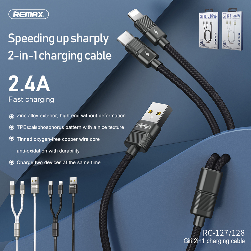 Phone Cable Remax 2 In 1 Dual Lightning Braided Round Fast Charging Cable Black