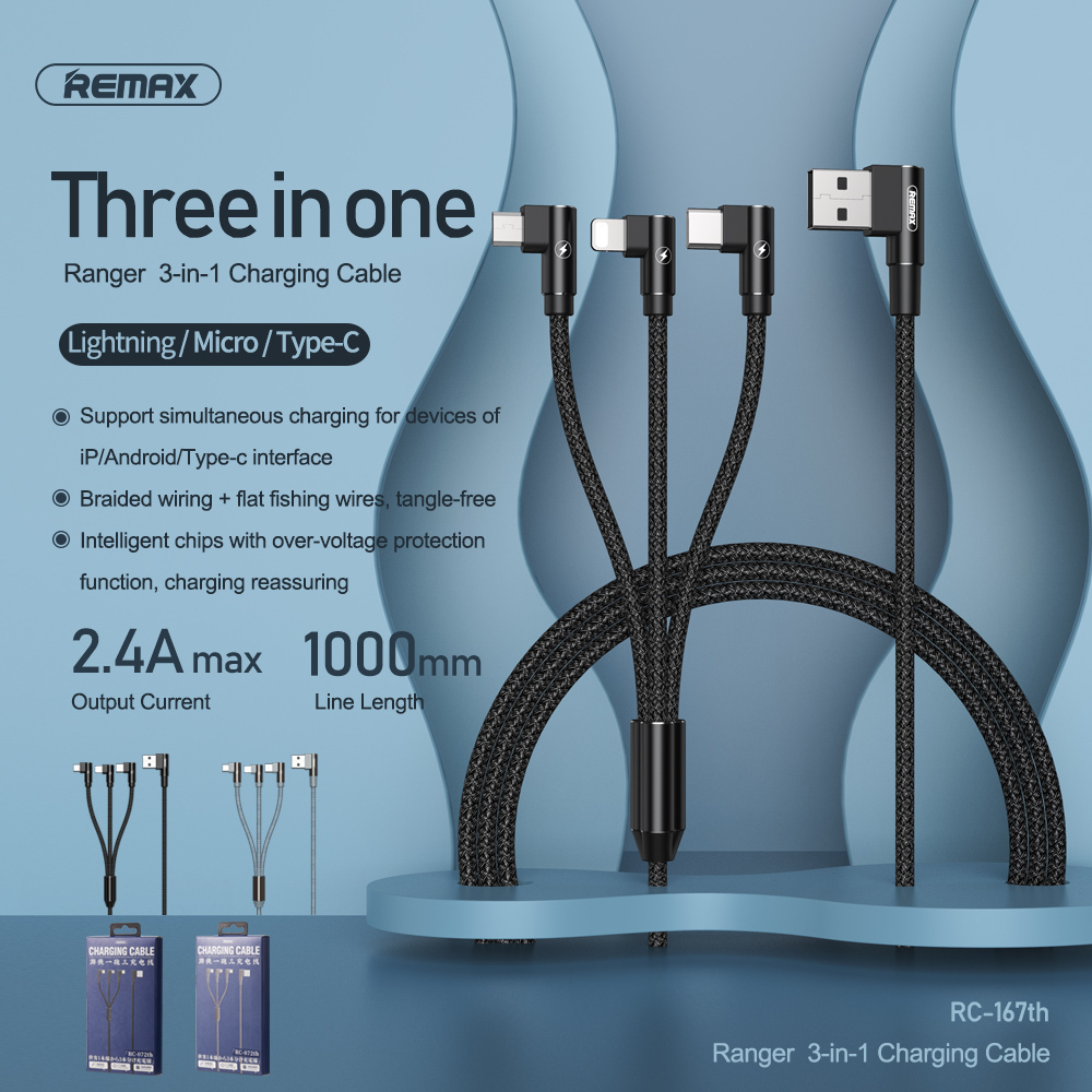 3 in 1 Phone Fast Charging Cable REMAX RC-167th For IPhone Type-C Micro USB Black