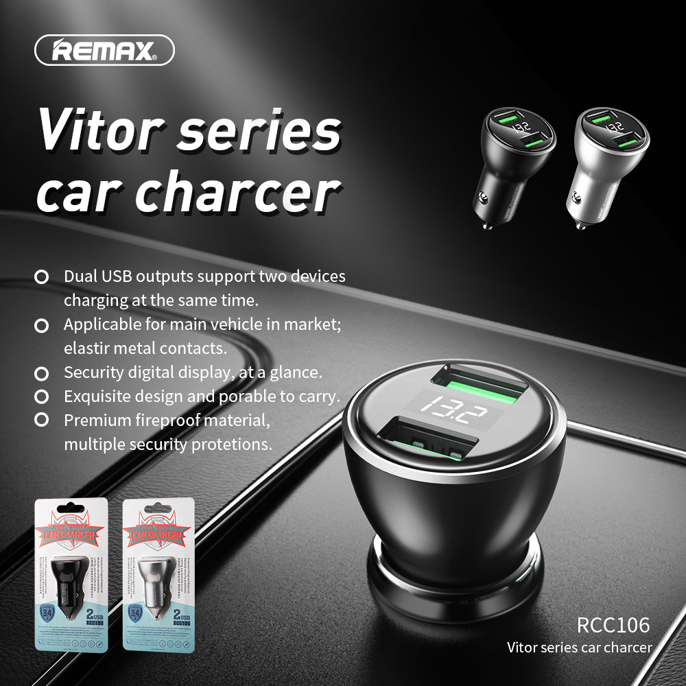 Car Charger Remax 2 USB Port Strong Heat Dissipation Universal Adapter Black