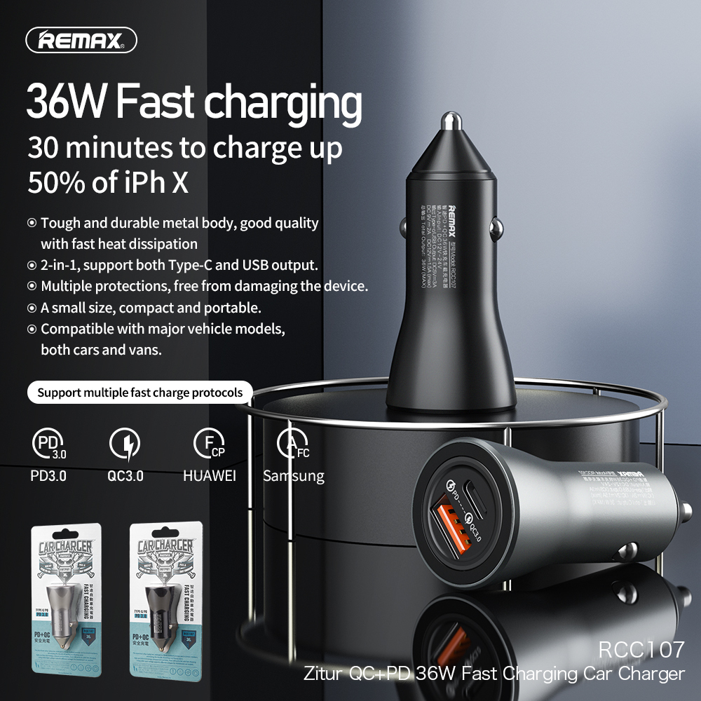 Universal Car Charger REMAX QC+PD 36W Dual Port Fast Charging Iphone Samsung Black