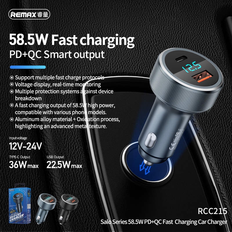Car Charger REMAX Type-C USB 58.5W PD+QC Fast Charging RCC215 Voltage Display Black