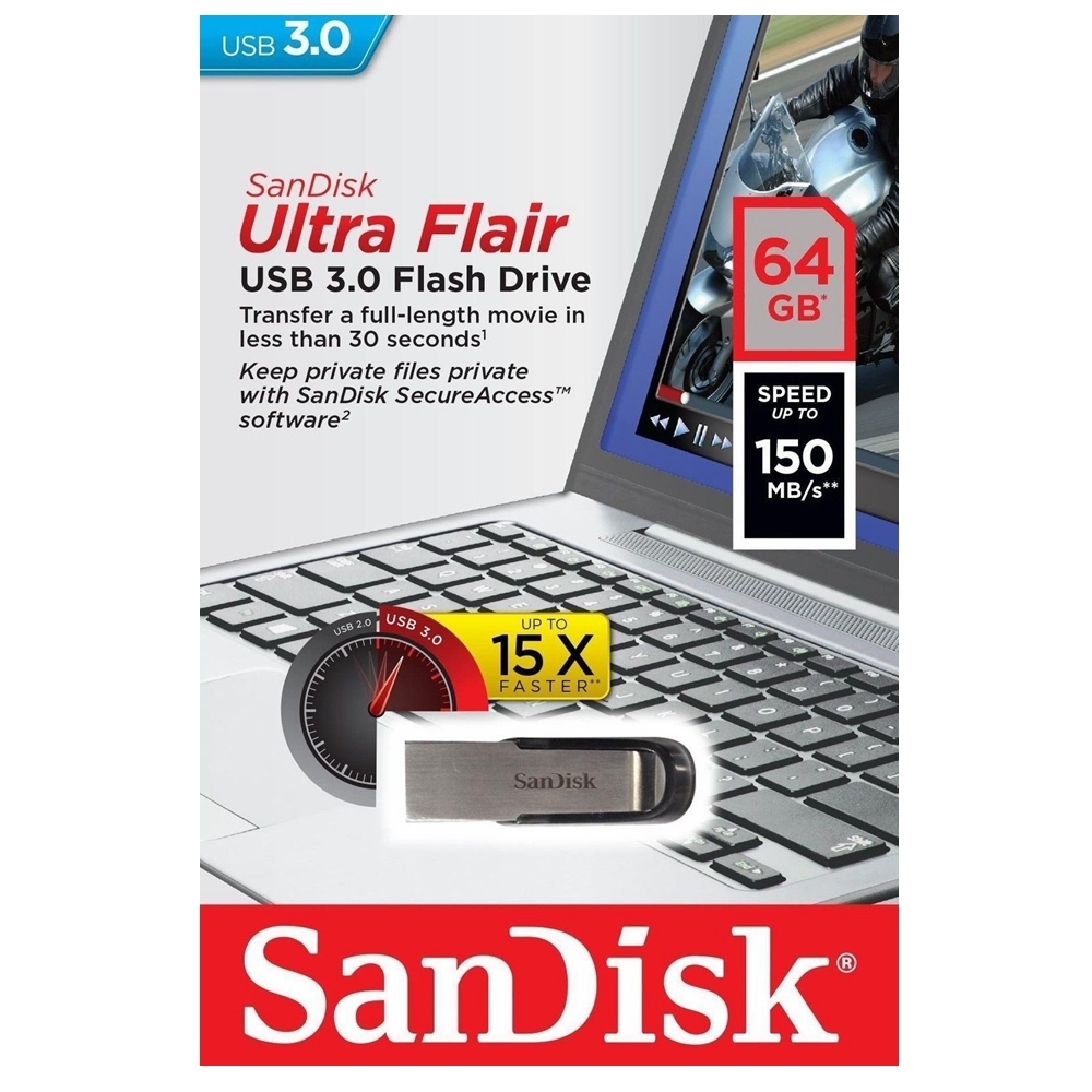 SanDisk USB Drive 3.0 Ultra Flair 64GB Flash Drive PC Memory Stick SDCZ73-064G