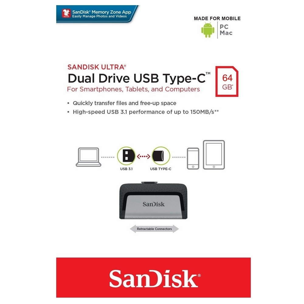 SanDisk Type-C USB Ultra 64GB Dual Flash Drive Memory Stick PC MAC SDDDC2-064G