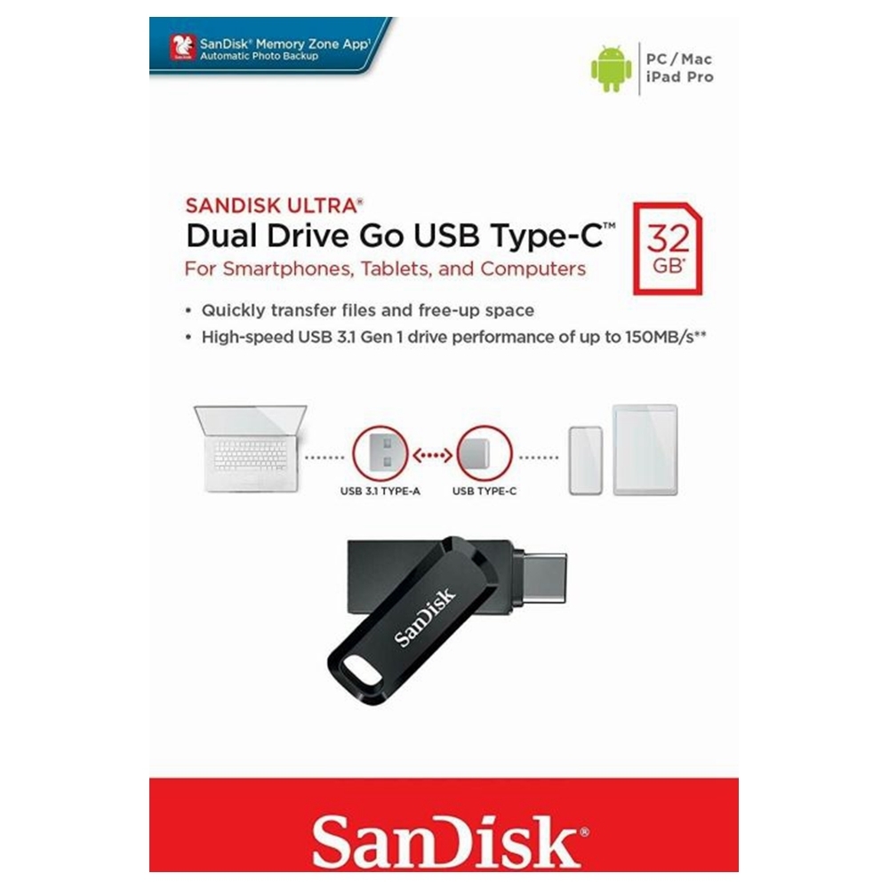 Type-C USB Drive SanDisk Ultra 32GB Dual Type-C GO USB Flash Drive Memory Stick PC MAC 150MB/s