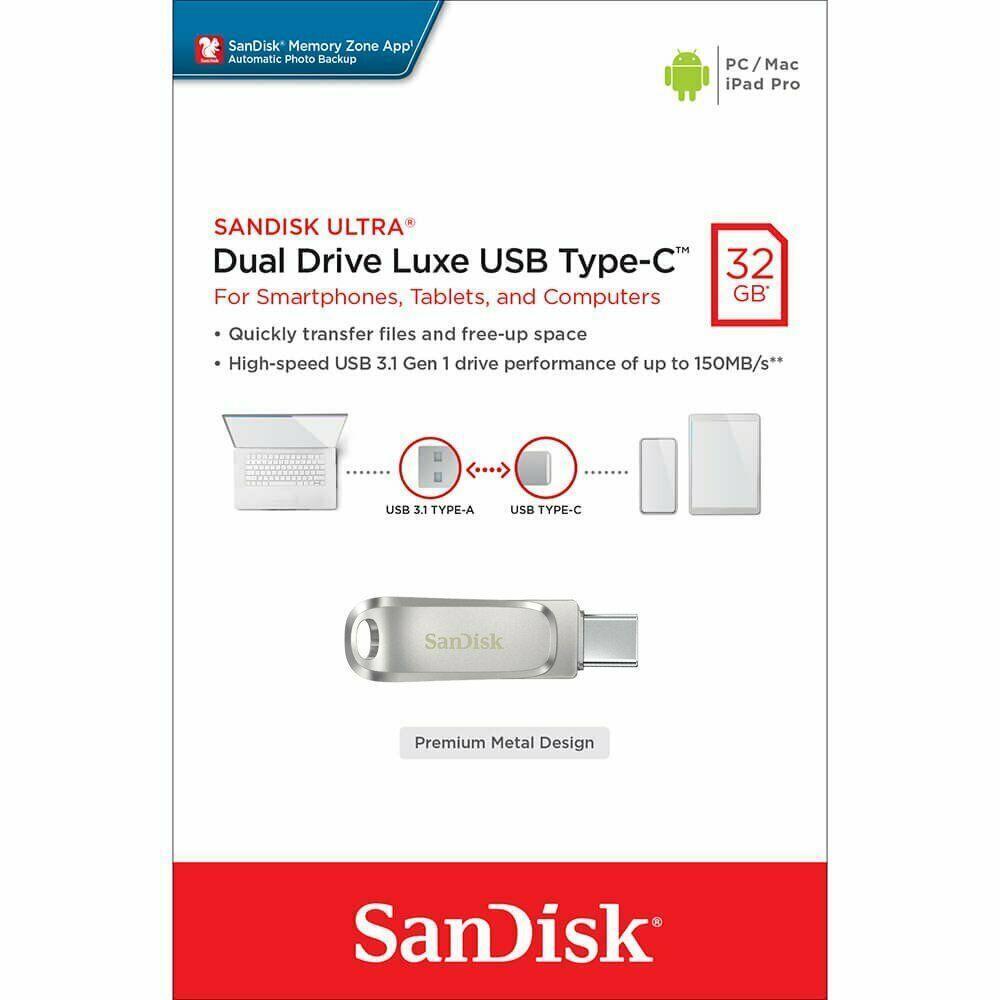 Type-C USB SanDisk Ultra Luxe 32GB Dual Drive Type-C Flash Drive Memory Stick 150MB/s | SDDDC4