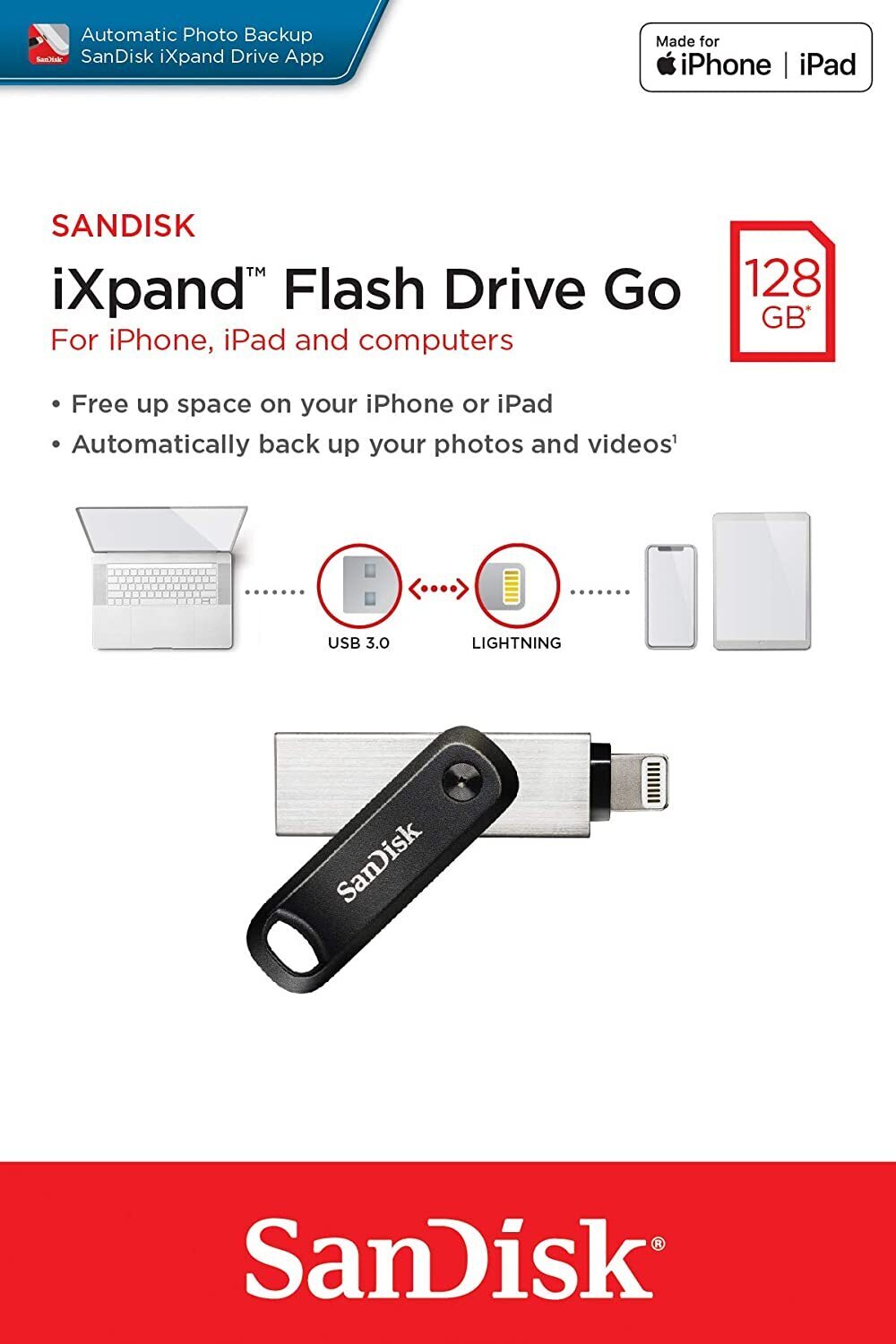 SanDisk iXpand Go Flash Drive 128GB USB 3.0 Flash Drive Memory Stick For iPhone iPad PC