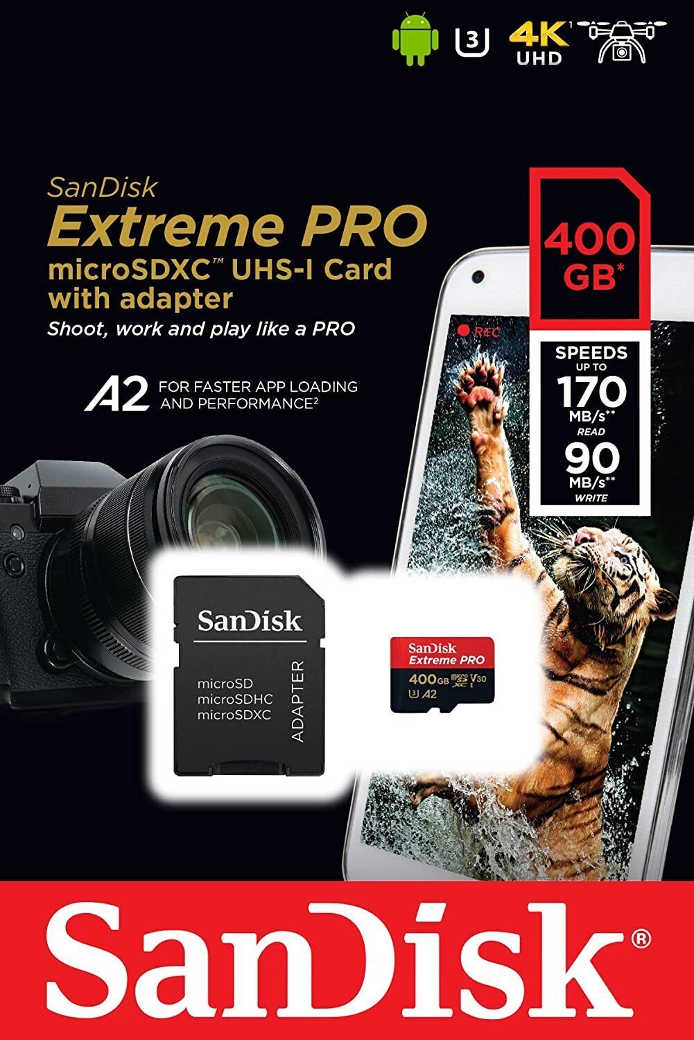 SanDisk Extreme Pro 400GB Micro SD Card SDXC UHS-I Action Camera GoPro Memory Card 4K U3 170Mb/s