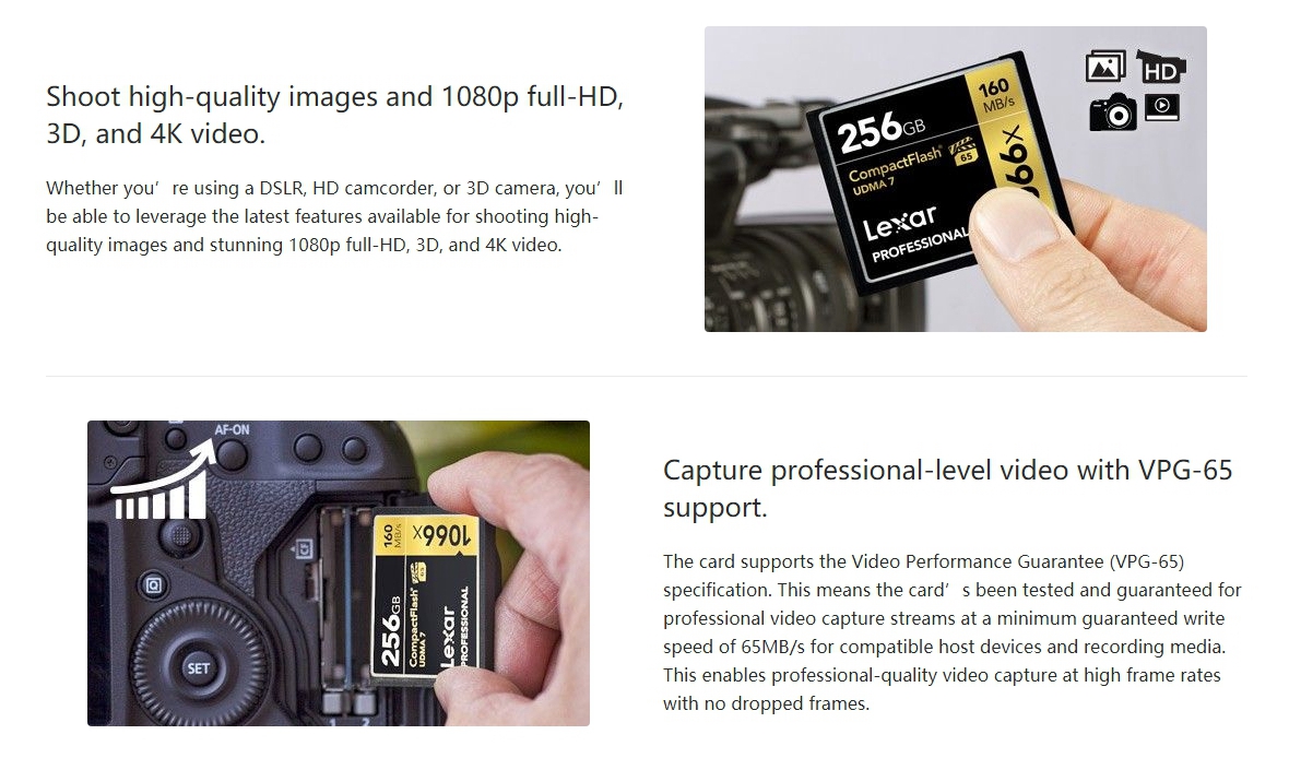 Lexar CF Card 256GB Compact Flash Professional 1066x Camera DSLR Memory  Card UDMA7 VPG-65 4K 160MB/s