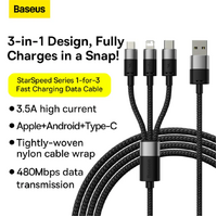 Baseus StarSpeed 3-in-1 Fast Charging Data Cable USB To Type-C Lightning Micro 3.5A 1.2m Black