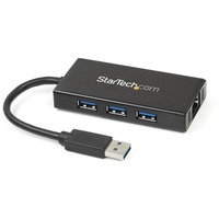 StarTech.com 3 Port Portable USB 3.0 Hub with Gigabit Ethernet Adapter NIC - 5Gbps - Aluminum w/ Cable - 3 Total USB Port(s) - 3