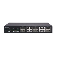 QNAP Twelve 10GbE SFP+ ports with shared eight 10GBASE-T ports unmanage switch, NBASE-T support for 5-speed auto negotiation (10G/5G/2.5G/1G/100M)