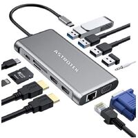 Astrotek USB-C Dock 12-in-1 Multiport Docking Station with 100W USB-C PD 2xHDMI 4K VGA GLAN 2xUSB3.0 2xUSB2.0 Card Reader for HP Lenovo Asus MacBook