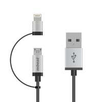 mbeat 1m Lightning and Micro USB Data Cable - 2-in-1 Aluminmum Shell Crush-Proof Nylon Braided Silver for Apple Andriod Tablet Mobile Device (L)