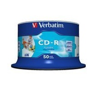 Verbatim CD-R 700MB 50Pk White InkJet 52x Superior ink absorption on high-resolution 5,760 DPI printers