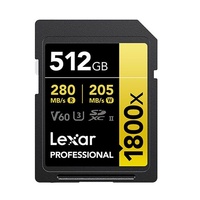 Lexar Professional 1800x 512G SDXC™ UHS-II Card GOLD Series 512GB—C10,  UHS-II(U3), V60, 1800x, up to 280MB/s read, 205MB/s write