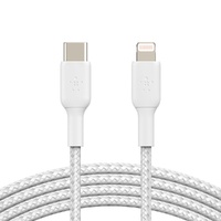 Belkin BoostCharge Braided Lightning to USB-C Cable (1m/3.3ft) - White (CAA004bt1MWH), 30W Fast Charge, 480Mbps, 10,000+ bends tested, USB-C PD, 2YR
