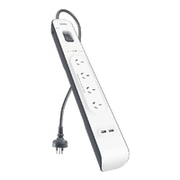 Belkin BSV401 4-Outlet 2-Meter Surge Protection Strip with two 2.4 amp USB charging ports, Three-line AC protection, CEW $20,000
