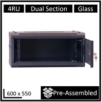 LDR Assembled 4U Hinged Wall Mount Cabinet (600mm x 550mm) Glass Door - Black Metal Construction - Top Fan Vents - Side Access Panels