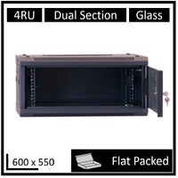 LDR Flat Packed 4U Hinged Wall Mount Cabinet (600mm x 550mm) Glass Door - Black Metal Construction - Top Fan Vents - Side Access