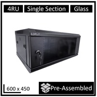 LDR Assembled 4U Wall Mount Cabinet (600mm x 450mm) Glass Door - Black Metal Construction - Top Fan Vents - Side Access Panels