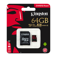 Kingston 32GB Canvas React UHS-I Micro SDHC Memory Card with SD Adapter SDCR-32GB U3 A1 4K 100Mb/s