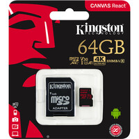 Kingston 64GB Canvas React UHS-I microSDXC Memory Card with SD Adapter SDCR-64GB